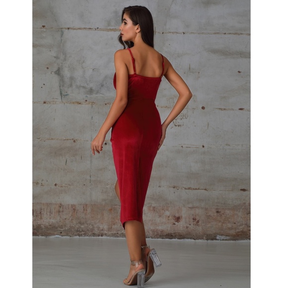 Red Velvet Wrap Cami High Slit Asymmetric Dress - Picture 4 of 13